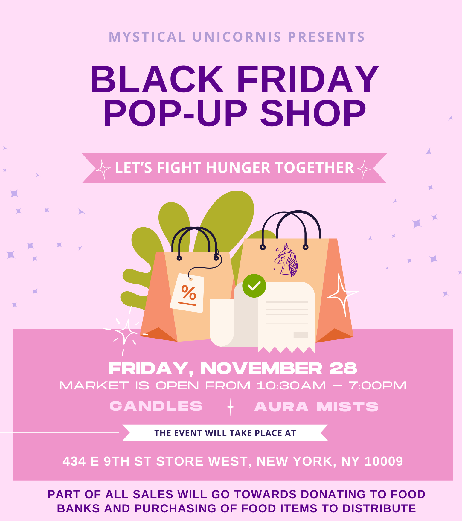 Promotional flyer for Mystical Unicorns' Black Friday Pop-Up Shop event.
